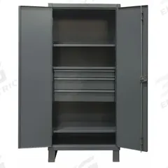 DURHAM MFG Storage Cabinet: 36 in x 24 in x 78 in, Swing Handle & Padlock Hasp, 12 ga Panel Thick (MPN HDCD243678-3M95). Key specifications — Cabinet Color: Gray; Method of Construction: Welded; Base Type: Legs; Assembled: Assembled; Mobility: Stationary; Adjustable Shelves: (2) Adjustable; Cabinet Finish: Powder Coated; Cabinet Material: Steel.