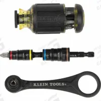 KLEIN TOOLS: Phillips/Slotted/Square Tip, #1/1/4 in/#2/#3/3/8 in/5/16 in/5 mm/6 mm/7/16 in Tip Size (MPN 85515HD). Key specifications — attr1205339: 1/4-Inch and a 5/16-Inch nut driver head, 1/4, 5/16, 3/8 and 7/16-Inch sockets; attr1205303: KLEIN TOOLS.