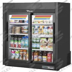 TRUE REFRIGERATION Freezer Merchandiser: 40 in x 36 in x 22 3/8 in, Black, Glass Door, 3 Shelves (MPN GDM-09-SQ-HC-LD). Key specifications — attr1277723: TRUE REFRIGERATION; attr1277683: R-290; attr1277691: No; attr1277694: Black; attr1280716: Glass Door; attr1280729: GDM.