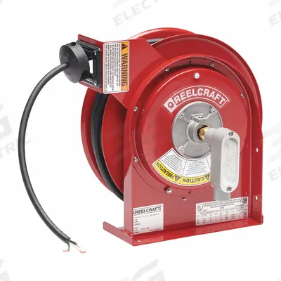 REELCRAFT Extension Cord Reel: Ratchet Lock, 45 ft Cord Lg, 12 AWG, SJEOOW, Bare Wire Cord Lg - Hardwired Self-Retracting Cord Reels