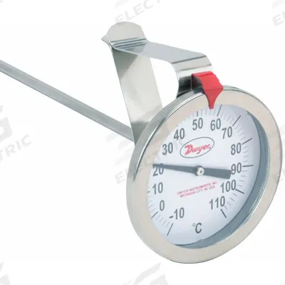 Dwyer Clip On Dial Thermometer: -10°F to 110°F, +/- 2% Accuracy, 8 in Stem Lg - General Purpose Vat & Pan Clip-On Dial Thermometers