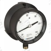 ASHCROFT Process Compound Gauge: 0 psi to 150 psi, White, 4 1/2 in Dial, 1/2 in NPT Male, Bottom, 4X (MPN 451379SSL04LVAC/150#). Key specifications — Brand: ASHCROFT; Pointer Color: Black; Accuracy: ±0.5%; Dial Color: White; Gauge Wetted Parts: Stainless Steel; Case Material: Epoxy-Coated Aluminum; Vibration Resistance Properties: Liquid-Filled; Pressure Range: 0 psi to 150 psi.