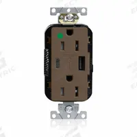 USB Receptacle: Decorator Duplex, 5-15R, 2 USB Ports, USB Type A/C, Brown, 125V AC, 15 A (MPN M56AC-HG). Key specifications — Brand: LEVITON.