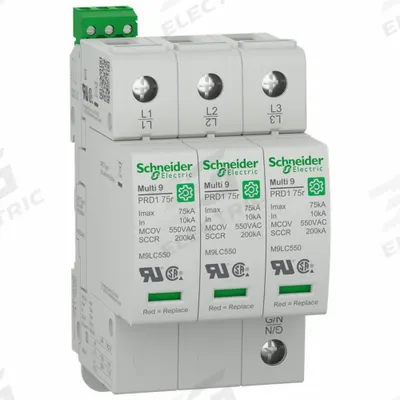 SCHNEIDER Surge Arrester: Three Phase, 480V AC, 3 Poles, 4 Wires, L-N - DIN Rail Internal-Mount SPDs
