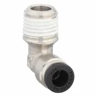 PARKER Push-Fit Elbow Fitting: 1/4 in OD x 1/4 in Pipe Size, Push-to-Connect x MNPTF, Brass, Silver (MPN W169PLPNS-4-4). Key specifications — Brand: PARKER.