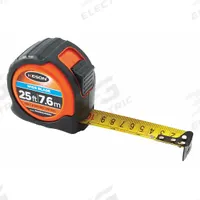 KESON Tape Measure: Nonmagnetic Single Hook Tip, 25 ft / 7.5 m, Plastic with Rubberized Grip, Black (MPN PG18M25WIDEV). Key specifications — attr935324: KESON; attr942259: Black; attr935326: Finger Brake; attr935328: 1/16 in; attr935329: Feet; attr935337: Metric/SAE; attr936607: Manual Lock; attr985315: Greater than 5 m.