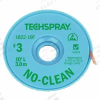 TECHSPRAY Desoldering Braid: No-Clean Flux, # 3, 0.075 in, 10 ft, Green, ESD-Safe (MPN 1822-10F). Key specifications — Color: Green; Brand: TECHSPRAY; Manufacturer Part Number: 1822-10F.