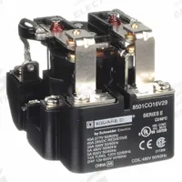 SCHNEIDER Open Power Relay: Surface Mounted, 30 A Current Rating, 480V AC, DPDT, 8 Pins/Terminals (MPN 8501CO16V29). Key specifications — Brand: SCHNEIDER; Base Type: Square; Mounting Style: Through Panel; Electrical Connection: Screw Clamp; Manufacturer Part Number: 8501CO16V29; Series: 8501C Series.