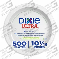 DIXIE Disposable Paper Plate: White, Heavy-Wt, 10 1/8 in Disposable Plate Size, 500 PK (MPN SXP10W). Key specifications — attr553080: Round; attr553063: Soak-Proof Shield; attr553071: Paper; attr553072: Yes; attr553076: Patternless; attr553078: Dinner Plate; attr553062: DIXIE.