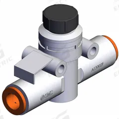 SMC Speed Controller: In-Line Fitting, Knob, 3/8 in Valve Body Size, 5/16 in Push to Connect Tube (MPN AS3002F-09A). Key specifications — attr947203: Brass/PBT; attr947205: SMC.