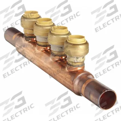 SHARKBITE Push Fit Manifold: Inline, Copper, 3/4 in, 1/2 in, 2 Inlets, 4 Outlets - Plumbing & Heating Branch Manifolds