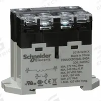 SCHNEIDER Enclosed Power Relay: DIN-Rail & Surface Mounted, 30 A Current Rating, 240V AC, SPST-NO (MPN 725AXXSC3ML-240A). Key specifications — attr211321: SCHNEIDER; attr864602: DIN Rail & Top Flange; attr864634: Screw Terminal; attr864642: 725AXXSC3ML-240A; attr869492: 30 A at 240V AC (Resistive Load); attr934629: Harmony™ 725 Power Series.