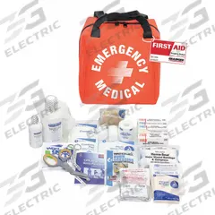 Emergency Medical Kit: 183 Components, Fabric, Bag, Red, No Medication Included, Poly-Fabric (MPN 54596). Key specifications — Brand: FIRST AID ONLY; Adhesive Bandages Included: Self Adhering Bandages; Product Type: Emergency Medical Kit; PPE and Disposal Equipment Included: (4) Nitrile Exam Gloves; Oral and Inhalant Medicinals Included: No Oral/Inhalant Medicinals; Tools Included: PC Titanium Bandage Shears; Topical Medicinals Included: (10) PVP Iodine Wipes; Wound Dressings Included: Water Jel Burn Dressing.
