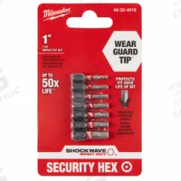 MILWAUKEE Insert Bit: Insert Bit, Imperial, Security Hex Head, Security, 1 in Overall Lg, Hex (MPN 48-32-4619). Key specifications — attr1119788: 5/64" Hex, 3/32" Hex,) 7/64" Hex, 1/8" Hex, 9/64" Hex, 5/32" Hex, 3/16" Hex; attr1119790: Impact Rated; attr1119791: Alloy Steel; attr1119798: MILWAUKEE; attr1119795: Hex.