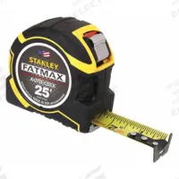 STANLEY Tape Measure: Nonmagnetic Double Hook Tip, 25 ft, Plastic with Rubberized Grip, Black/Yellow (MPN FMHT33338L). Key specifications — attr935324: STANLEY; attr942259: Yellow; attr935328: 1/16 in; attr935329: Feet; attr935337: SAE; attr936607: Auto Lock; attr972446: Inch; attr979969: Nonmagnetic Double Hook.