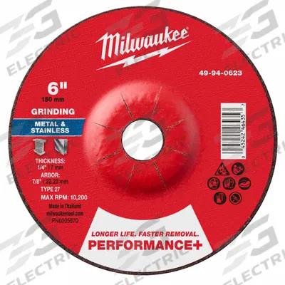 MILWAUKEE Grinding Wheel: Type 27, 6" x 1/4" x 7/8", Zirconia Alumina - High-Performance Grinding Wheels for Carbon & Stainless Steel