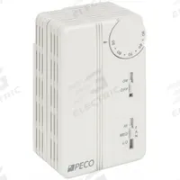 PECO Fan Coil Thermostat: Heat and Cool, On-Off, 50° to 90°F, Slide Switch, 24 to 277V AC, 1H/1C (MPN TB155-046). Key specifications — Application: Heat and Cool; Key Features: Smart Energy Management; System Settings: On-Off; Switch Type/Action: SPDT, Open/Close on Rise; Temperature Control Range: 50° to 90°F; Stages: 1H/1C; Voltage: 24 to 277V AC; Brand: PECO.