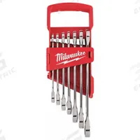MILWAUKEE Ratcheting Combination Wrench Set: Alloy Steel, Chrome, 7 Tools, Std, Carrier (MPN 48-22-9406). Key specifications — attr309581: Chrome; attr309580: Alloy Steel; attr309571: No; attr309583: No; attr309587: Yes; attr324931: MILWAUKEE; attr309569: 3/8 in to 3/4 in; attr309572: Carrier.