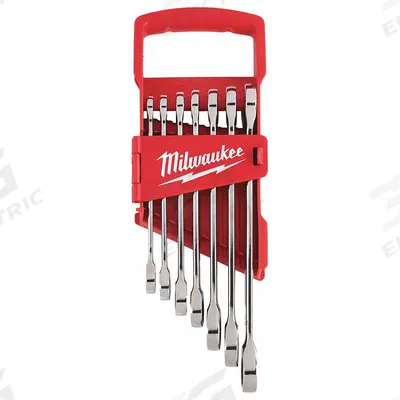 MILWAUKEE Ratcheting Combination Wrench Set: Alloy Steel, Chrome, 7 Tools, Std - SAE 12-Point Ratcheting Combination Wrench Sets