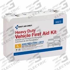 FIRST AID ONLY First Aid Kit and Housing: 114 Components, ANSI/ISEA Z308.1-2015, Type III, Class A (MPN 90672). Key specifications — ANSI Standard Met: ANSI/ISEA Z308.1-2015; Adhesive Bandages Included: (32) Bandages; Oral and Inhalant Medicinals Included: (4) Ibuprofen; Topical Medicinals Included: (20) Alcohol Wipes; Wound Dressings Included: Triangular Bandage; Unitized: Bulk.