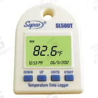 SUPCO Data Logger: -5°F to 160°F, -20°C to 70°C, SL500T, Temp, 160°F Max Dew Point Measured, USB. Key specifications — Interface: USB; Parameters Measured: Temperature °C; Brand: SUPCO; Features: Non-Volatile EEPROM Memory Retains Data if Battery Fails; Includes: USB Cable (3ft); Software Options: Software Included; Data Logger Type: Temperature.