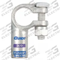 FUSION Battery Terminal: Right Elbow, Solder, 3/0 ga, Purple Color, Positive, Copper/Tin (MPN 416330P). Key specifications — Contact Material: Copper; Alignment: Right Elbow; Color Code: Purple; Connection Type: Solder; Gauge: 3/0 ga; Polarity: Positive; Brand: FUSION.