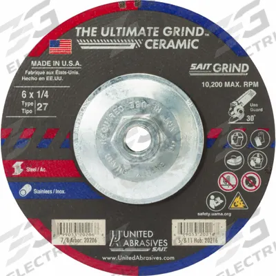 UNITED ABRASIVES-SAIT Abrasive Grinding Wheel: Type 27, 6" x 1/4" x 5/8"-11, Ceramic, 24 Grit - Cool-Cutting Grinding Wheels for Carbon & Stainless Steel