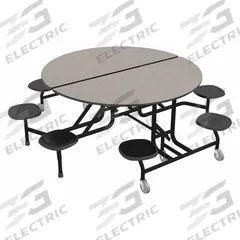 PALMER HAMILTON Cafeteria Stool Table: Gray Glace, Stool Seat, 29 in Overall Ht, 79 in Overall Lg (MPN 59T122960RD-S8GB). Key specifications — Tabletop Structural Material: Industrial Grade High Pressure Laminate with Particleboard Core; Tabletop Surface Material: Laminate.