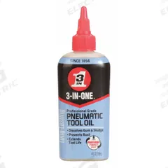 3-IN-ONE Air Tool Oil: Mineral, -20°F Min. Op Temp., 320°F Max. Op Temp., Not Food Grade, Bottle (MPN 120046). Key specifications — attr1321222: Mineral; attr1321227: 105; attr1321244: 3-IN-ONE; attr1321245: Bottle.