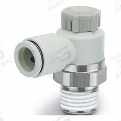 SMC Speed Control Valve: Elbow Fitting, Screw, 1/4 in/1/8 in Valve Body Size, Meter Out, Brass/PBT (MPN AS2201F-01-06S). Key specifications — attr947203: Brass/PBT; attr947205: SMC.