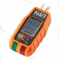 KLEIN TOOLS GFCI Receptacle Tester with LCD: 120 V AC, 5-15P, GFCI/Std, CAT II 135V, Light, Digital (MPN RT250). Key specifications — Load Current: Not Rated; Brand: KLEIN TOOLS; CAT Safety Rating: CAT II 135V.