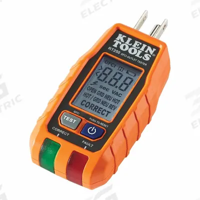 KLEIN TOOLS Receptacle Tester with LCD: 120 V AC, 5-15P, GFCI/Std, CAT II 135V, Light - GFCI Testers