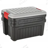 RUBBERMAID Attached Lid Tote: 24 gal, 26 in x 18 1/2 in x 17 in, Black Body, Gray Lid, Plastic (MPN 1949231). Key specifications — Material: Plastic; Brand: RUBBERMAID.