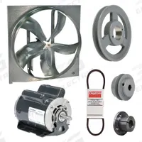 Exhaust Fan with Drive Package: Belt Drive, 24 in Blade, 1 1/2 hp, 10,002 cfm, 115/208-230V AC, 1 ph (MPN 7AR52). Key specifications — Frame Finish: Zinc Plated; Assembled: Unassembled; Brand: DAYTON; Nameplate Voltage: 115/208-230V AC; Frame Material: Steel; Guard Type: None; Motor Insulation: Class B; Motor Enclosure: Open Dripproof.