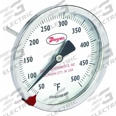 Dwyer Clip On Dial Thermometer: 50°F to 500°F, +/- 2% Accuracy, 8 in Stem Lg - General Purpose Vat & Pan Clip-On Dial Thermometers