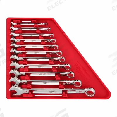 MILWAUKEE Combination Wrench Set: Alloy Steel, Chrome, 11 Tools, 15° Head Offset Angle - SAE 12-Point Combination Wrench Sets