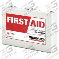FIRST AID ONLY First Aid Kit and Housing: Gen Purpose, 50 People Served, 187 Components, Metal (MPN 59025). Key specifications — Adhesive Bandages Included: (3) Patch Bandages; Application: General Purpose; Brand: FIRST AID ONLY; Housing Color: White; Housing Material: Metal; Includes Oral or Inhalant Medication: Medication Included; Mountable: Wall Mount; Oral and Inhalant Medicinals Included: (8) Non-Aspirin Pain Relievers.
