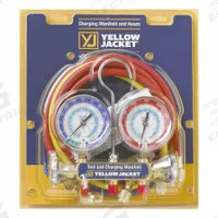 YELLOW JACKET Manifold Gauge: 2 Valves, 1 Hoses, Series 41, 3 1/8 in Gauge, For R-134A/R-22 (MPN 42205). Key specifications — Hose Connection Type: Ball Valve; Product Type: Manifold Gauge Set; For Refrigerant Type: R-134A; Brand: YELLOW JACKET; Gauge Boots: No; Sight Glass: No.