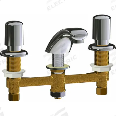 CHICAGO FAUCETS Handle-Operated Faucet: 404, Centerset, Cast Brass, Polished Chrome Finish - Widespread Push-Button Metering Bathroom Faucets