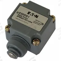 EATON Limit Switch Head: Plunger, Side, E50 Series (MPN E50DS1). Key specifications — Compatible with Series: E50; Actuator Location: Side; Brand: EATON; Action: Momentary; Arm/Operator Material: Metallic.