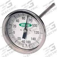 VEE GEE Soil Dial Thermometer: -40°F to 160°F, +/- 2°F, 12 in Stem Lg, Fahrenheit (MPN 82160-12). Key specifications — Accuracy: +/- 2°F; Thread Type: NPT; Housing Material: Stainless Steel; Brand: VEE GEE; Temperature Units: Fahrenheit.