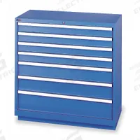 LISTA Modular Drawer Cabinet: 40 1/4 in x 22 1/2 in x 41 3/4 in, 7 Drawers, 96 Compartments, Steel (MPN HS09-0702A-FTKABB). Key specifications — Drawer Inside Height: (1) 7 in; Drawer Access: Single; Base Type: Frame; Number of Compartments per Drawer: (2) 18; Brand: LISTA; Cabinet Color: Bright Blue.