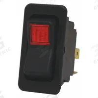 EATON Lighted Rocker Switch: 2 Positions, SPST, Off/On, Red (MPN 8005K23N313V22). Key specifications — AC Contact Rating: 10 A @ 250 V; DC Contact Rating: 15 A @ 28 V; Horsepower: 3/4 hp @ 250 V; Operator Illumination: Illuminated; Switch Color: Black; Terminal Connection Type: 1/4 in Spade; Includes Lamp Module: Lamp Module Included; Includes Lens: Lens Included.