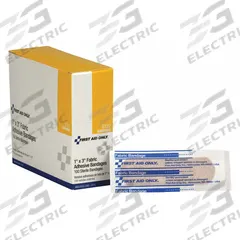 FIRST AID ONLY Adhesive Bandage: Strip Bandages, 1 in Wd, 3 in Lg, Not Metal Detectable, Fabric (MPN G122). Key specifications — Product Type: Strip Bandages; Unitized: Unitized; Water Resistance: Not Water Resistant; Brand: FIRST AID ONLY; Latex Content: Latex Free; Metal Detectable: Not Metal Detectable; Package Type: Box; Manufacturer Part Number: G122.