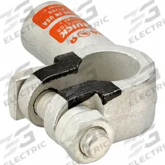FUSION Battery Terminal: Right Elbow, Crimp, 2/0 ga, Orange Color, Negative, Copper/Tin (MPN 4120N). Key specifications — Contact Material: Tin; Alignment: Right Elbow; Color Code: Orange; Connection Type: Crimp; Gauge: 2/0 ga; Polarity: Negative; Brand: FUSION.