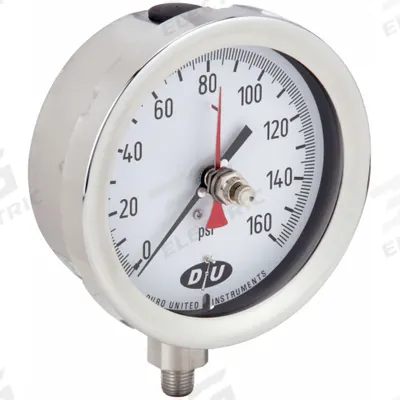 DURO Industrial Pressure Gauge: 0 psi to 160 psi, White, 4 1/2 in Dial, 1/4 in NPT Male - Stainless Steel Wetted Parts with Red Max Hand