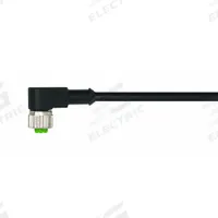 Cordset: M12 Female Right Angle X Bare Wire, 3 Pins, Black, PVC, 10 m Cable Lg, 4 A Max Current (A) (MPN 7000-12321-6131000). Key specifications — Cable Jacket Color: Black; End 1 Gender: Female; End 1 Mounting Orientation: Right Angle; End 2 Connection Type: Bare Wire; IP Rating: IP66K; Brand: MURRELEKTRONIK; Wire Size: 22 AWG; Cable Jacket Material: PVC.