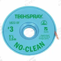 TECHSPRAY Desoldering Braid: No-Clean Flux, # 3, 0.075 in, 5 ft, Green, ESD-Safe (MPN 1822-5F). Key specifications — Color: Green; Brand: TECHSPRAY; Manufacturer Part Number: 1822-5F.
