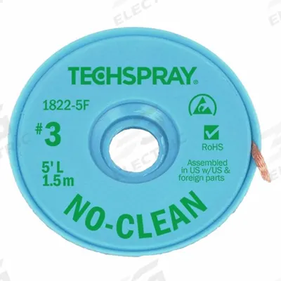TECHSPRAY Desoldering Braid: No-Clean Flux, # 3, 0.075 in, 5 ft, Green - No-Clean Flux Desoldering Braids