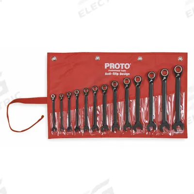 PROTO Combination Wrench Set: Alloy Steel, Black Chrome, 13 Tools - Metric 12-Point Ratcheting Combination Wrench Sets